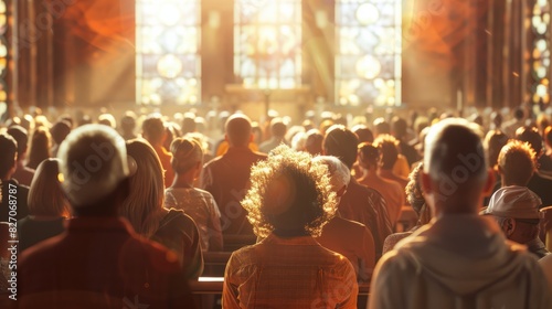 of individuals from different backgrounds coming together for a prayer meeting in a church, showcasing community and unity, church, conference, with copy space photo