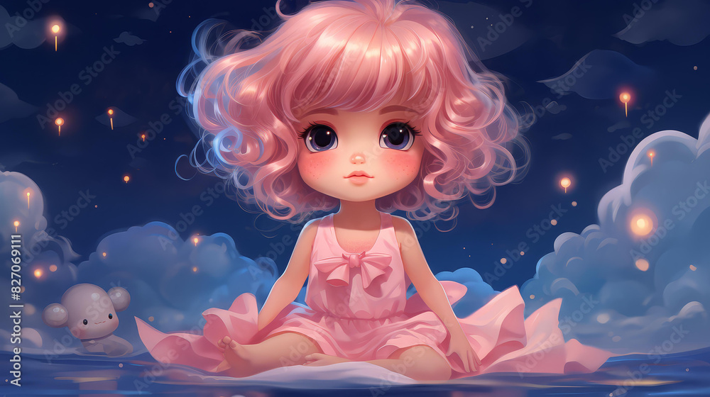Fototapeta premium Fun chibistyle lake scene with vibrant colors and cartoony details. Perfect for a digital painting or vector art project.