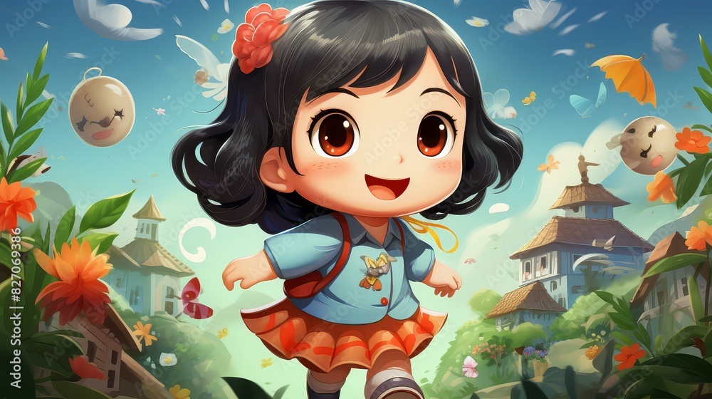 Fototapeta premium Adorable chibistyle cartoon drawing of vibrant, mountainous scenery in a vividly colored, stylized digital painting.