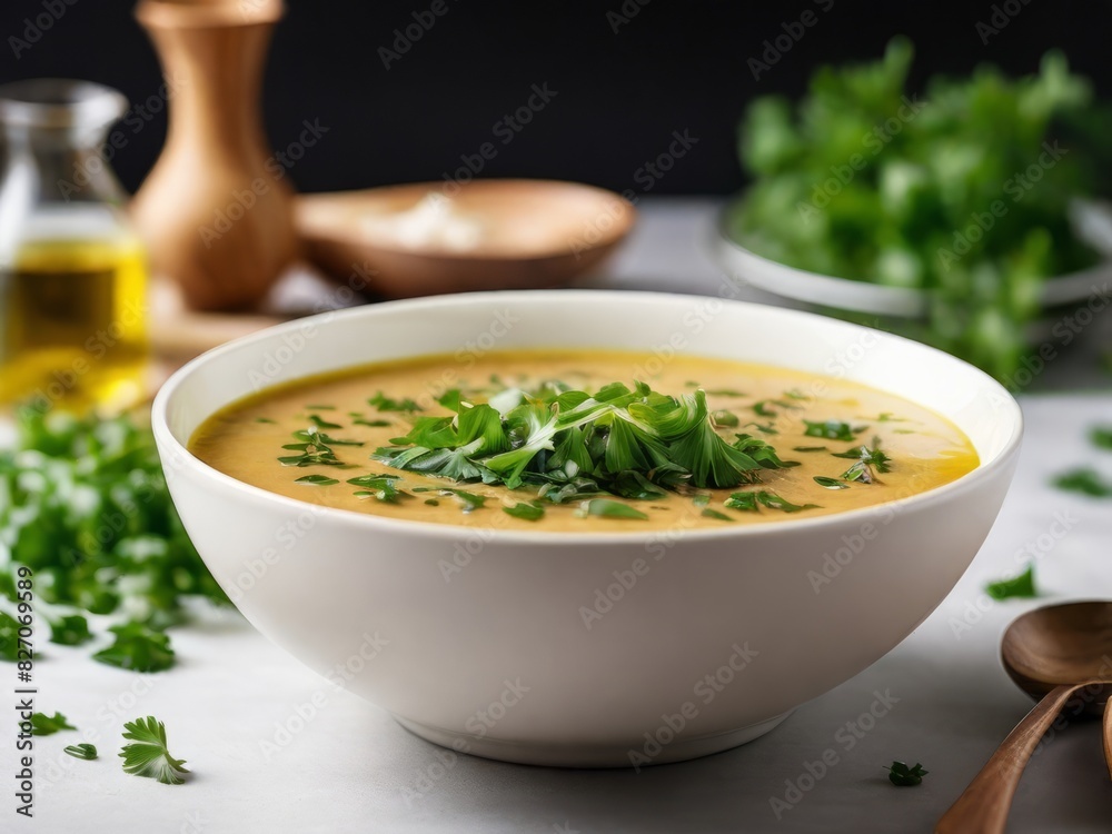 pureed lentil soup with parsley leaves. pureed lentil soup with parsley leaves.