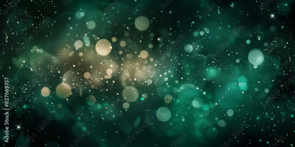 Obraz premium teal green bokeh background,Beautiful green bokeh lights on dark background, creating a mesmerizing and dreamy effect with soft, glowing orbs of various sizes and a deep, enchanting atmosphere.banner
