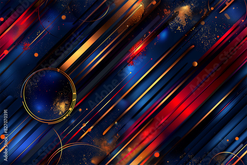 A colorful, abstract background with gold and red stripes and blue circles
