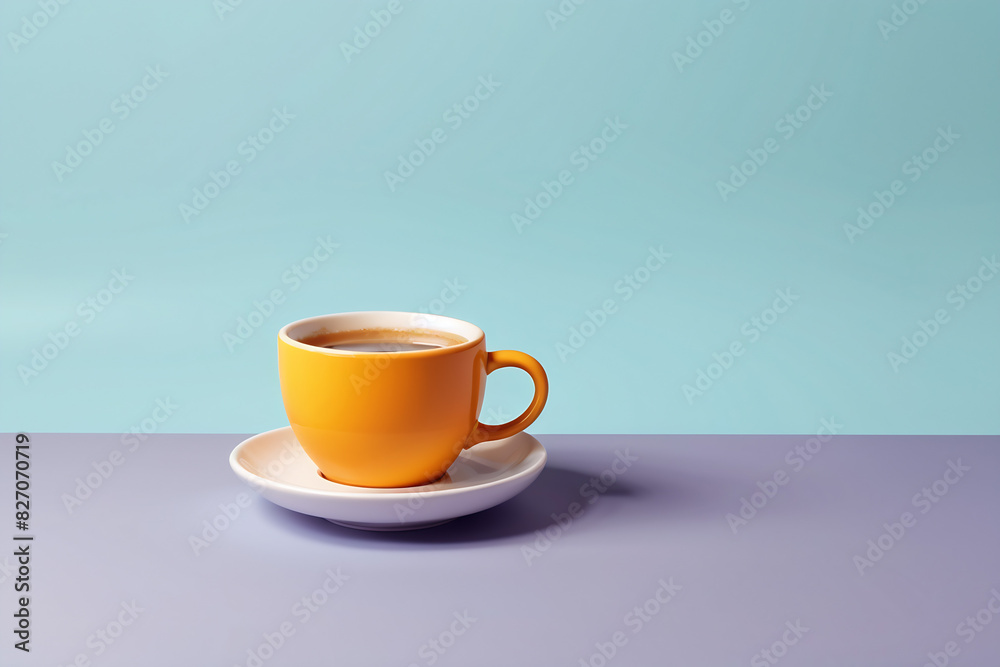 Obraz premium Cup minimal concept. Cup with hot coffee or tea on a blank colored banner background.