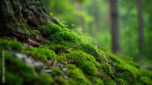 Green moss flourishes on a big tree trunk