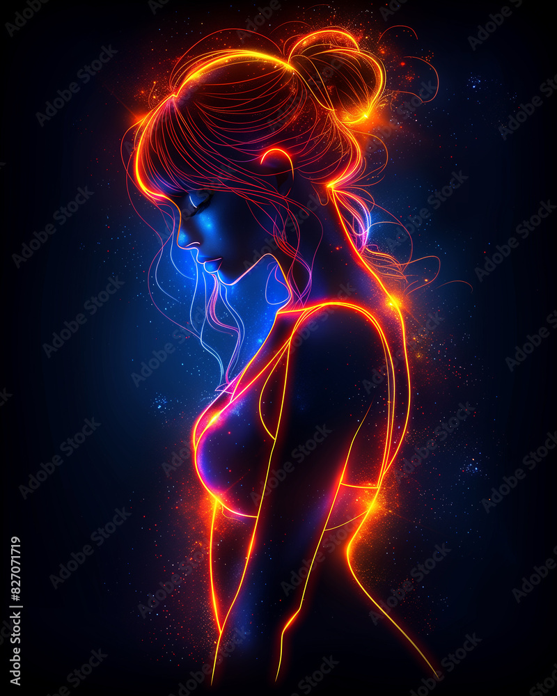 A woman with a long neck and a long hair is shown in a neon color A woman with a long neck and a long hair is shown in a neon color