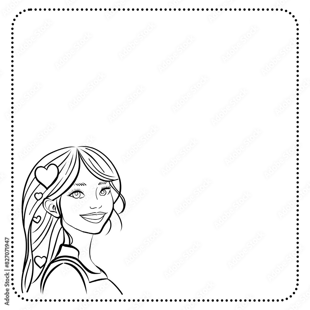 A cartoon brunette girl with a big smile holds a greeting card and a picture frame A cartoon brunette girl with a big smile holds a greeting card and a picture frame