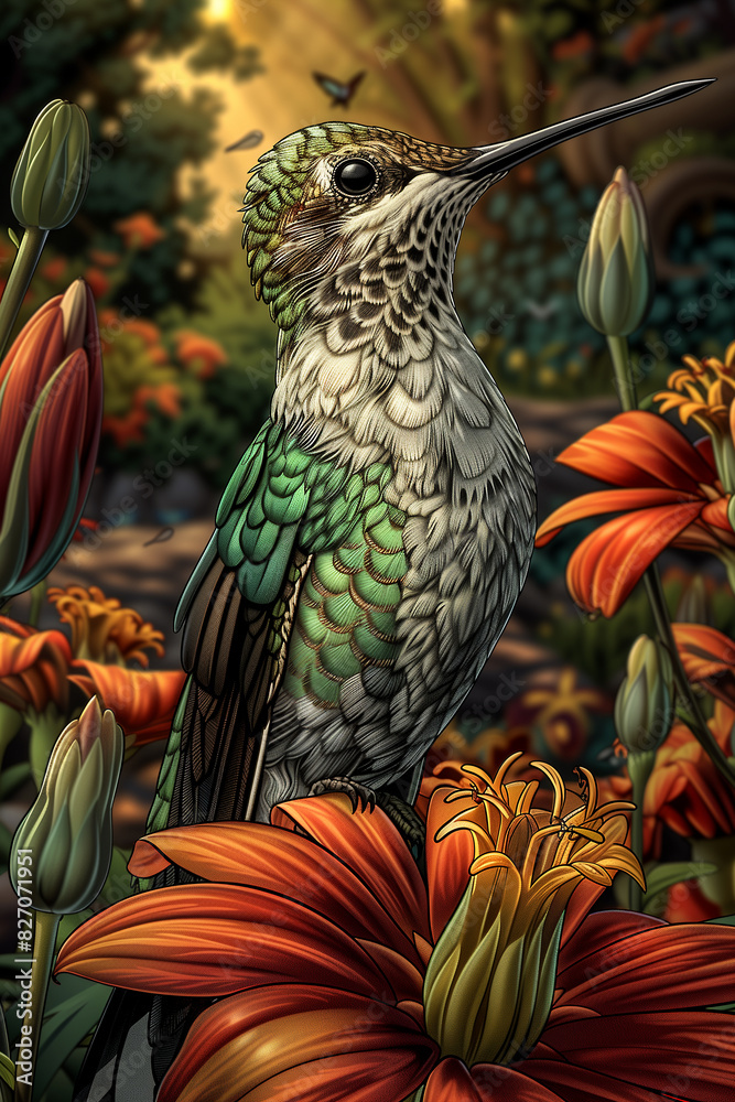 Fototapeta premium A hummingbird is perched on a flower in a garden