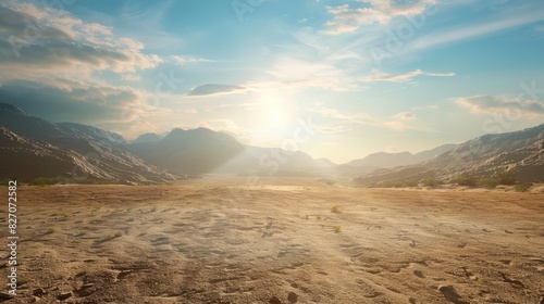 A landscape transforming into a desert, visualizing the effects of desertification as fertile lands become barren. , natural light, soft shadows, with copy space, blurred backgroun photo