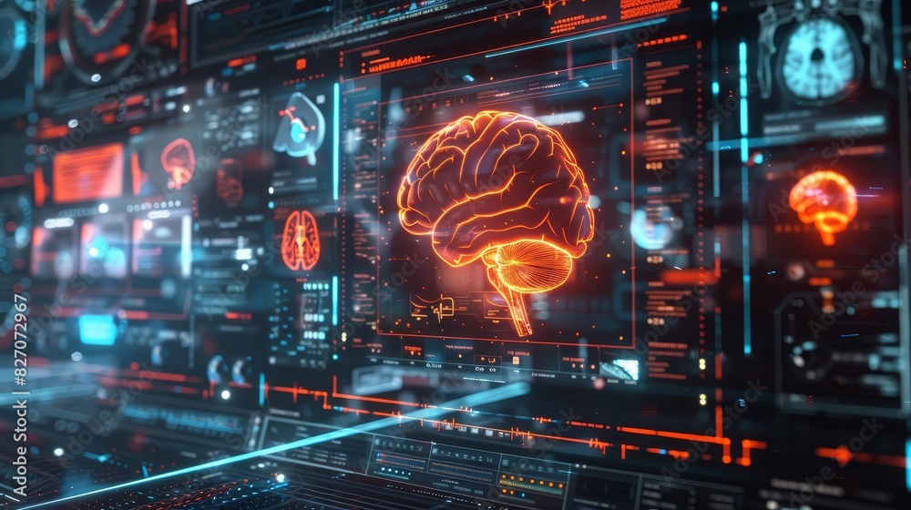 3D rendering of an interactive medical display showing various types and shapes of brain images 3D rendering of an interactive medical display showing various types and shapes of brain images