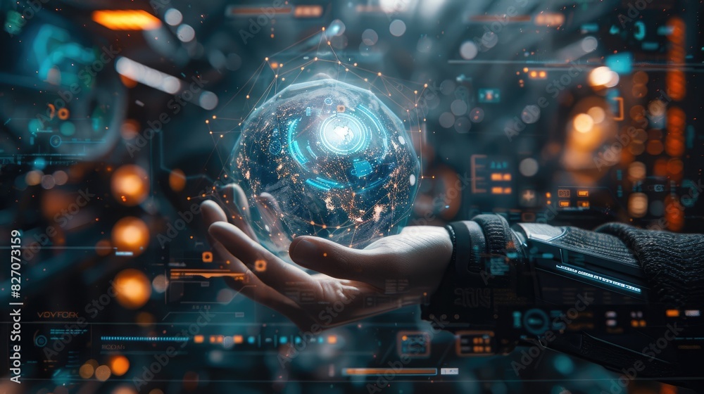 custom made wallpaper toronto digitalFuture of Logistics, Hand Holding Holographic Globe with Real-time Transportation Data on Digital Banner