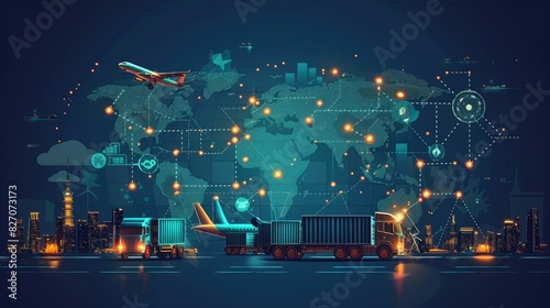 Global Logistics Network Concept with Airplane, Cargo Ship, and Trucks on World Map Banner