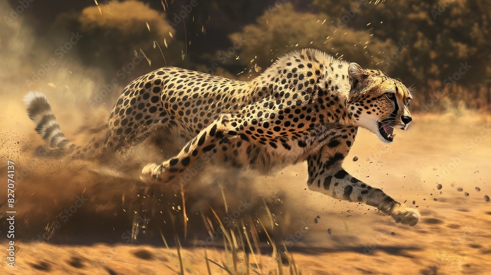 Fototapeta premium close up of a cheetah in full speed across the savanna, dust billowing in its wake, chasing its prey 