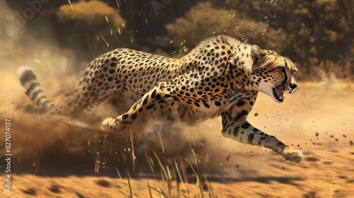 close up of a cheetah in full speed across the savanna  dust billowing in its wake  chasing its prey 