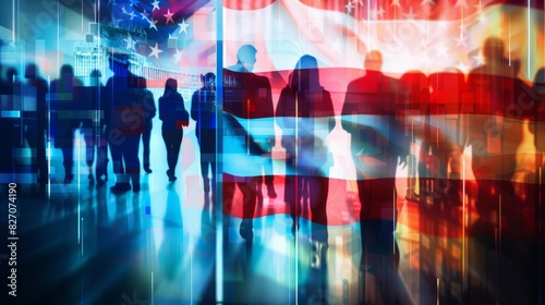 American flag and election vote silhouette composition. Describe the 2024 US election situation and results. Basemap and background concept. Double exposure hologram. photo