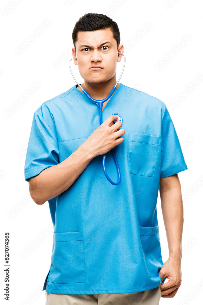 Nurse, portrait and man with funny face in studio for healthcare, stethoscope or diagnosis on white background. Health, lungs and physician for treatment, pulmonary disease or medical evaluation Nurse, portrait and man with funny face in studio for healthcare, stethoscope or diagnosis on white background. Health, lungs and physician for treatment, pulmonary disease or medical evaluation