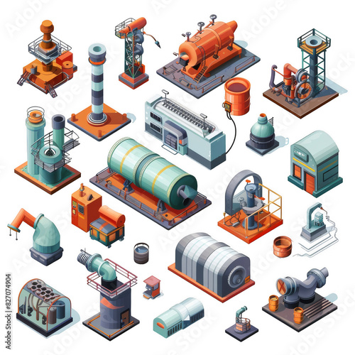 Isometric illustrations of industrial machinery and equipment in a detailed and colorful style, perfect for engineering and technology projects. photo