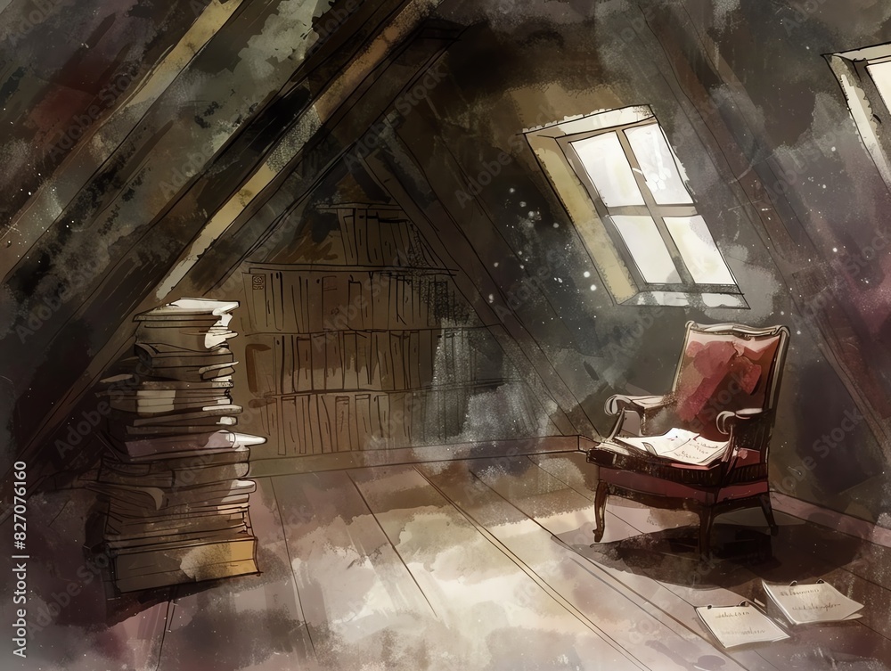 Fototapeta premium Vintage attic with a cozy chair, stacked books, and sunlight streaming through the window. Perfect space for reading and nostalgia.