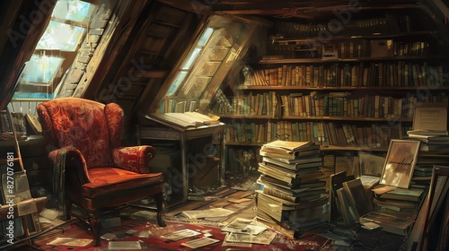 Cozy attic library with an armchair, bookshelves, and stacks of old books, perfect for reading and study in a rustic vintage setting.