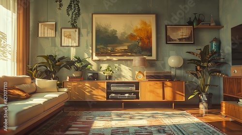 Cozy living room with sunlight streaming, modern furniture, houseplants, and framed art on walls, wooden flooring, and a patterned rug.