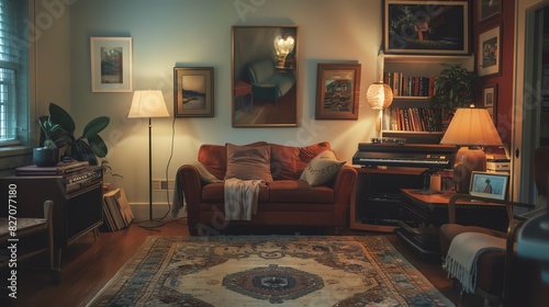Cozy, warmly-lit living room with vintage decor, soft couch, stylish lamps, and framed artwork. Perfect for relaxation and homely vibes.
