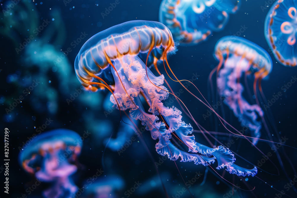 Vibrant Jellyfish Dance, Illuminating the Deep Blue Vibrant Jellyfish Dance, Illuminating the Deep Blue