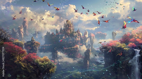 Whimsical castle in a magical fantasy land with surreal landscapes, colorful birds, and lush vegetation, under a dreamy, cloudy sky.