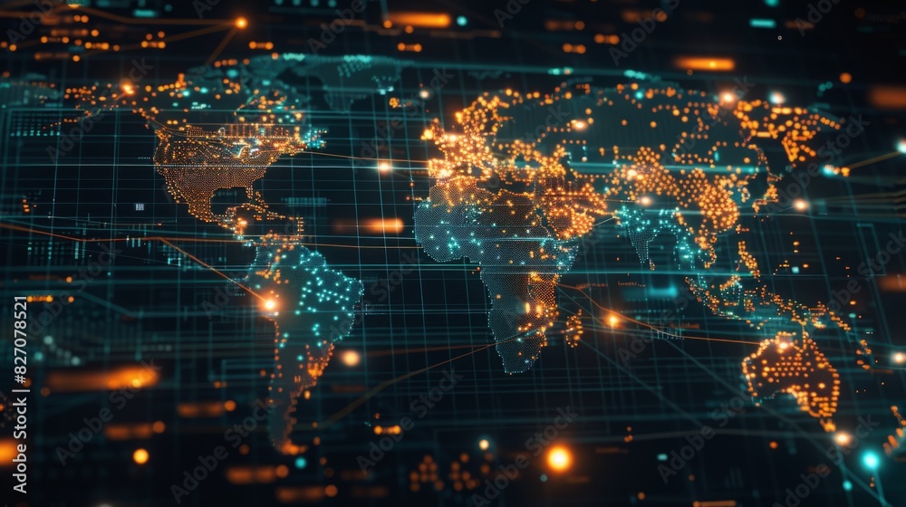 Obraz premium A map of the world depicted with glowing lights in various colors, representing cities and urban areas.