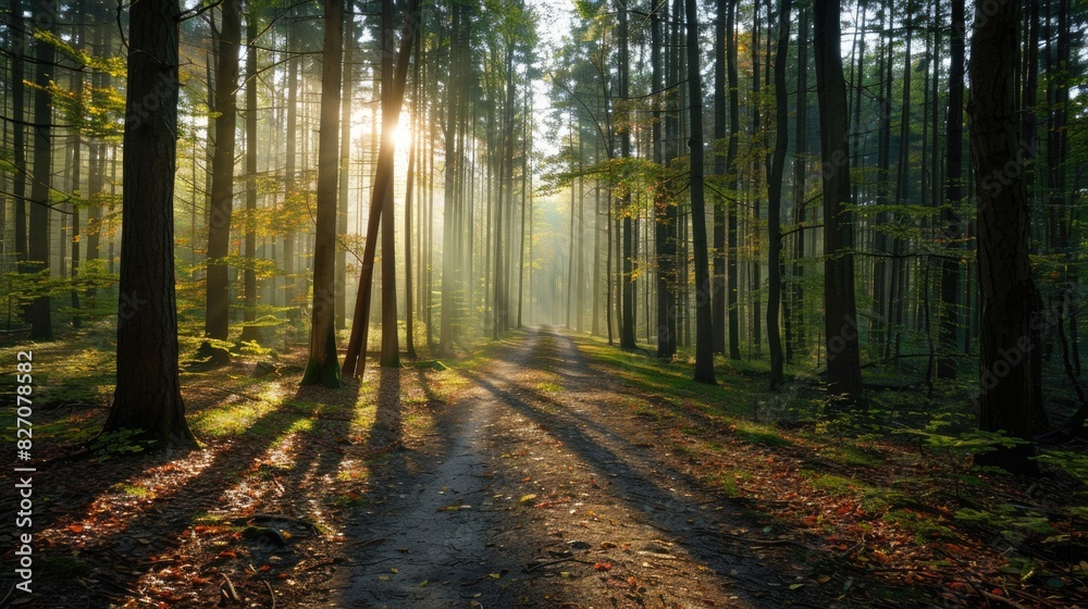 Tranquil Forest Path bathed in Sunlight - Idyllic Nature Trail for Hiking and Relaxation