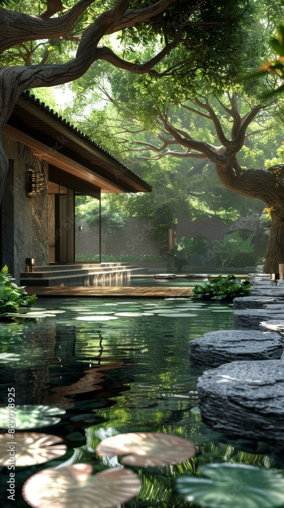 Fototapeta premium Modern House by the Pond with Surrounding Trees