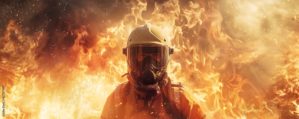 Fuse the bravery of a firefighter with the fierce energy of blazing flames using a dynamic double exposure Utilize a wideangle view to amplify the impact
