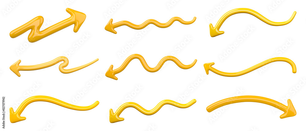 Set of Yellow Curved Arrow Isolated on transparent background. 3D Render Set of Yellow Curved Arrow Isolated on transparent background. 3D Render