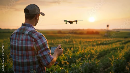 A farmer using a drone to monitor crops photo