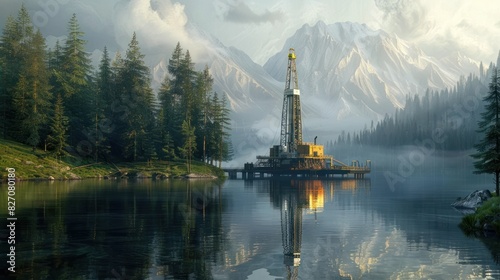 Morning Illumination D Rendered Drilling Rig Reflected on a Calm Lake