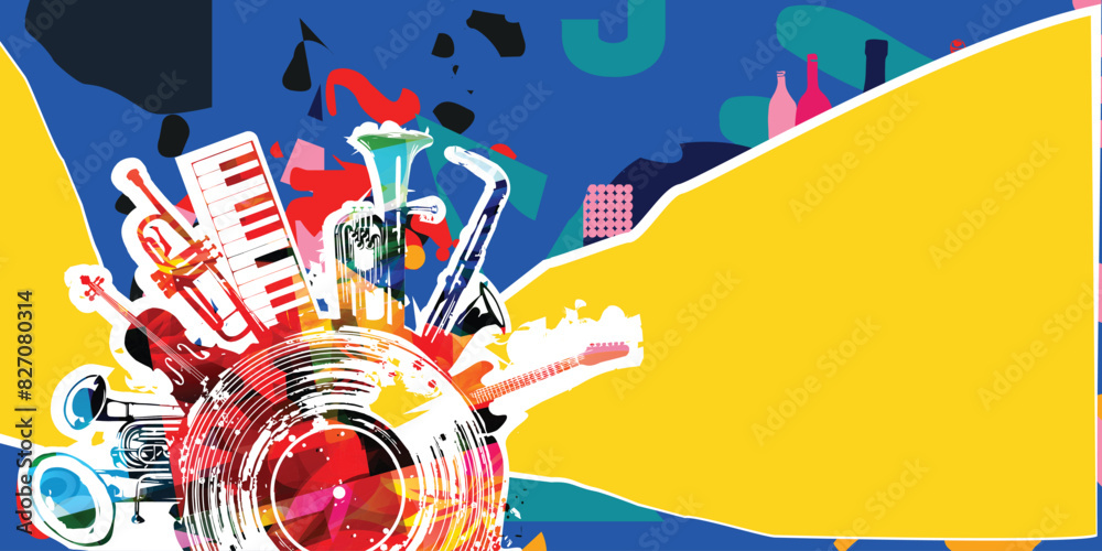 Φωτογραφία Music background with colorful music instruments and vinyl record disc vector illustration