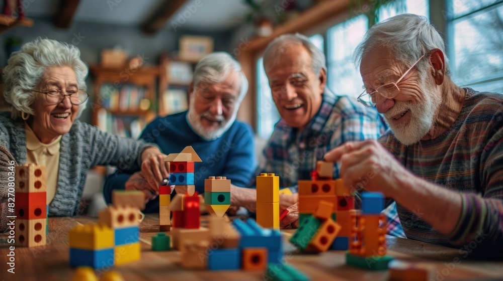 A group of senior men and women playing with wooden blocks for dementia therapy in a nursing home are enjoying the activity sitting at a table. A group of senior men and women playing with wooden blocks for dementia therapy in a nursing home are enjoying the activity sitting at a table.