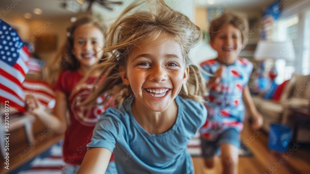 Funny kids having fun running around with USA flags in living room at home celebrating Independence Day with their parents. Funny kids having fun running around with USA flags in living room at home celebrating Independence Day with their parents.