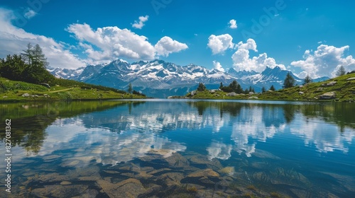 A scenic mountain landscape with a crystal-clear lake reflecting the snow-capped peaks, perfect for a summer hiking adventure.