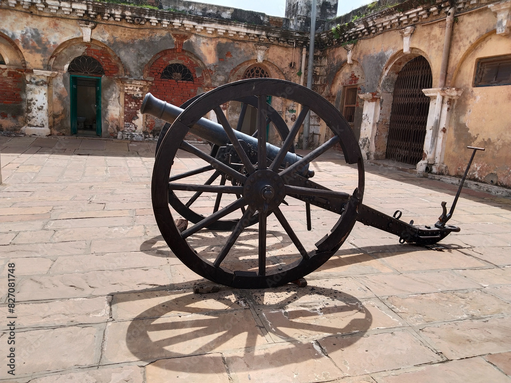 Ancient cannon on the courtyard of a royal residential building at Ramnagar Fort, Varanasi India.