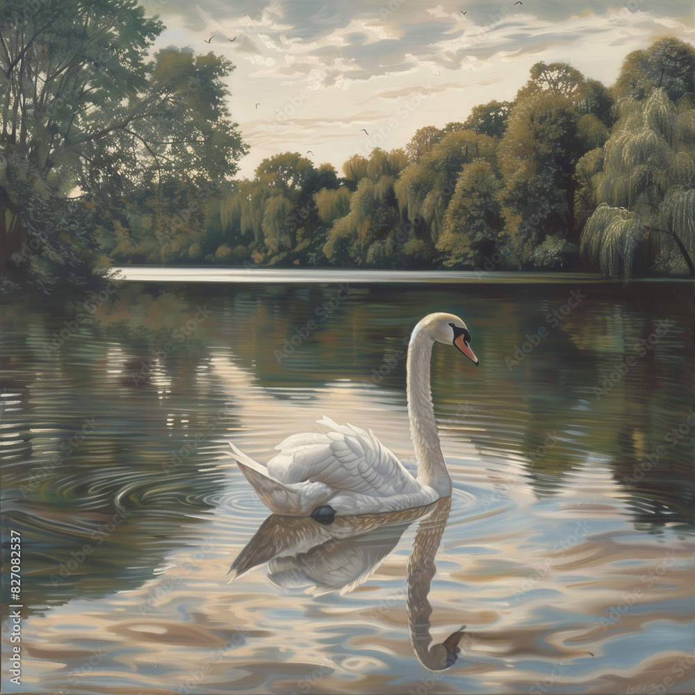 Fototapeta premium The Swan Glides Across the Serene Pond