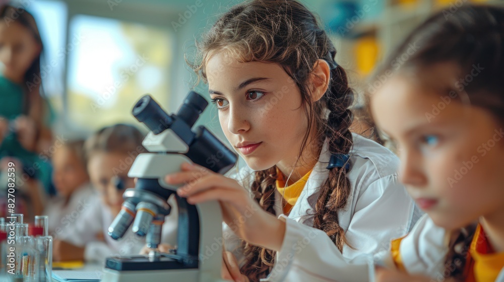 A teacher observes how female students look at a microscope during a biology lesson in elementary school. Schoolchildren write down the information given by their classmates in notebooks. A teacher observes how female students look at a microscope during a biology lesson in elementary school. Schoolchildren write down the information given by their classmates in notebooks.