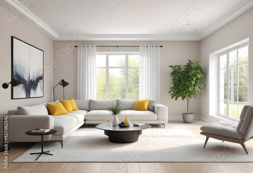 A living room with a couch, a coffee table, and a plant on the table
