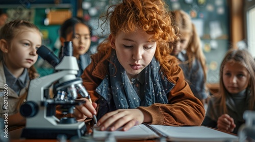 A teacher observes how female students look at a microscope during a biology lesson in elementary school. Schoolchildren write down the information given by their classmates in notebooks.