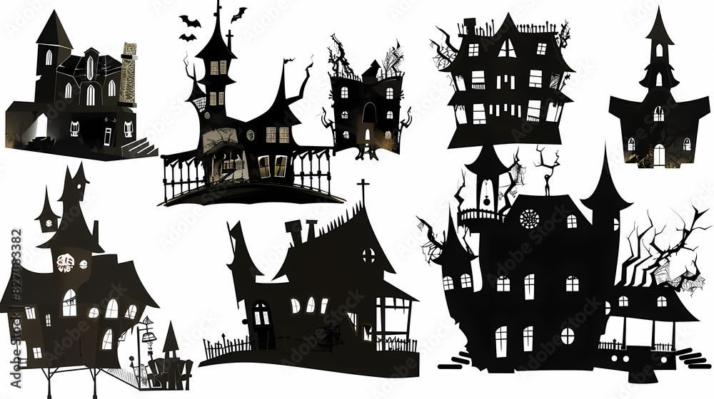 Collection of haunted house shadows, scary halloween house set Collection of haunted house shadows, scary halloween house set