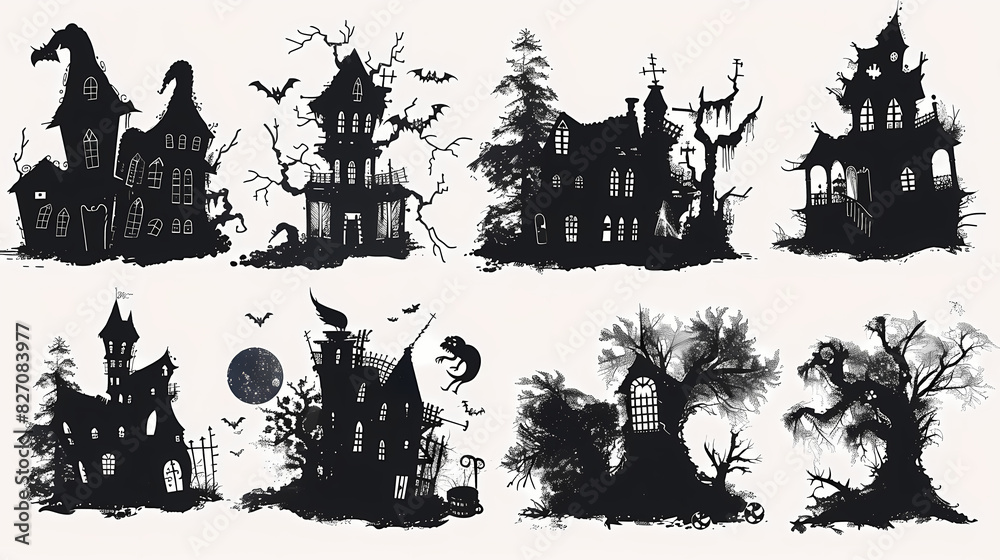 Collection of haunted house shadows, scary halloween house set Collection of haunted house shadows, scary halloween house set