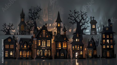 Collection of haunted house shadows, scary halloween house set © ak159715