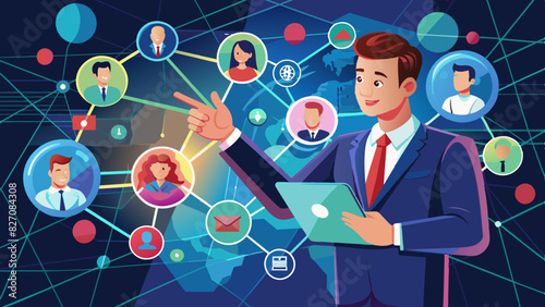 usinessman touching social network connection on digital screen, people icons connected to each other in the form of glowing lines