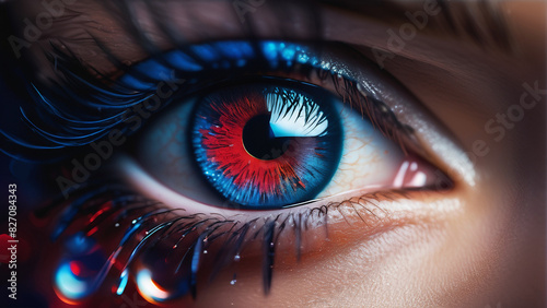 Close-up of a girl's eyes or eyeballs, dramatic scheme, sharp reds and blues. generative ai