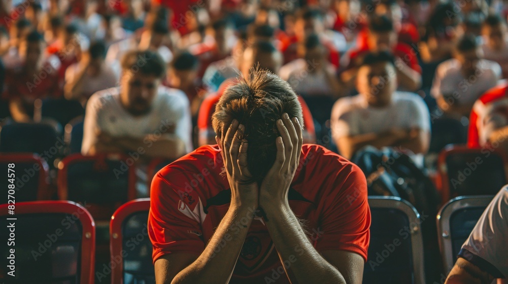 Obraz premium Disappointed football fans react to their team's loss in the stands. Faces show sadness and dismay after the defeat. the fans wearing red and white t-shirt .