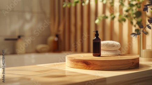 Wooden podium for bathing and spa products in defocused bathroom  Round wooden podium for product display on blurred bathroom background  generative ai