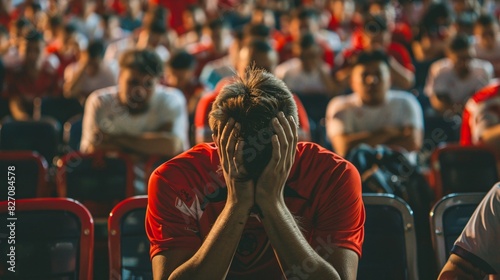 Disappointed football fans react to their team's loss in the stands. Faces show sadness and dismay after the defeat. the fans wearing red and white t-shirt .